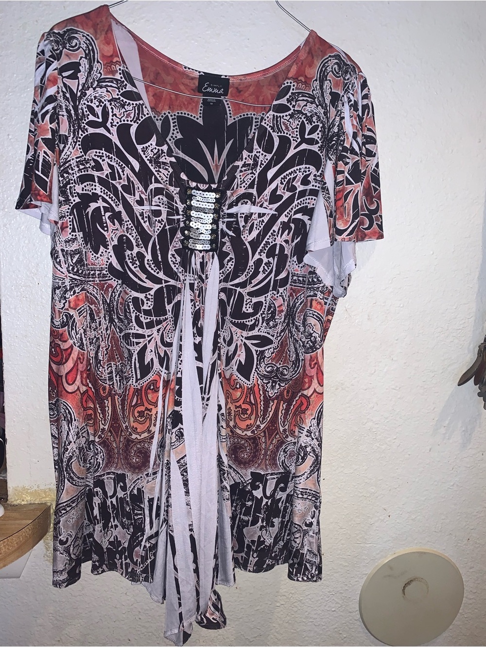 Simply Emma Coral and Black Mixed Print Sequin Front Tunic
